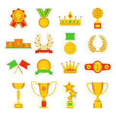 Trophy and awards icons set flat vector illustration. 