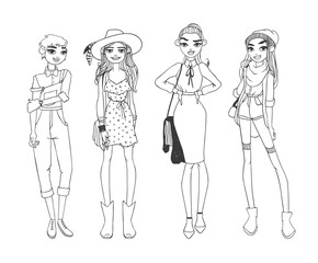 Fototapeta na wymiar Fashion girls pure beauty colored cartoon sketch flat vector illustration. 