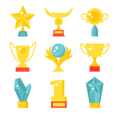 Trophy and awards icons set flat vector illustration. 