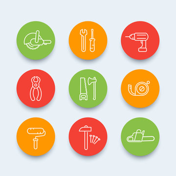 construction tools line icons, construction tools symbols, color round icons, vector illustration