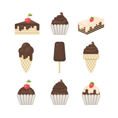 Dessert.Chocolate sweets icons set.Chocolate sweets vector .Chocolate sweets isolated on white background.Chocolate dessert. Vector Chocolate sweets.Chocolate sweet food 