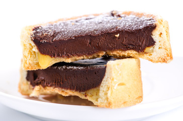 delicious ice cream cut in half with chocolate filling on a whit