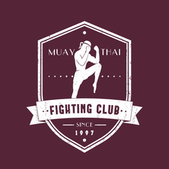 Muay Thai fighting club vintage emblem witn fighter, logo, t-shirt print, vector illustration