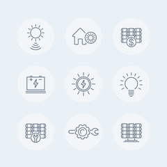 Fototapeta premium Solar energy line icons, solar panel icon, solar power, panels, plant, round isolated icons, vector illustration