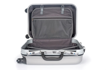 Opened suitcase on white background