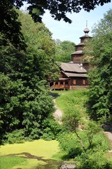 wooden church among green trees