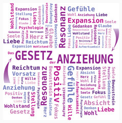 Nuage de Mots Loi de l'Attraction en Allemand - Couleurs Violet et Mauve