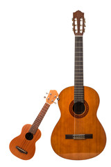 chitarra ed ukulele in fondo bianco