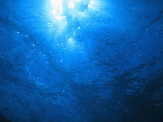 Fototapeta na wymiar 海底から見上げた太陽輝く水面　沖縄慶良間諸島