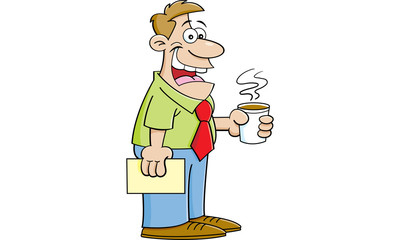 Cartoon illustration of a man holding a coffee cup.