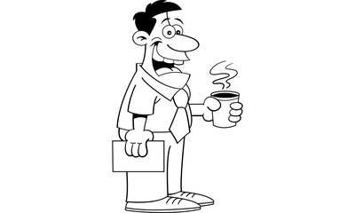 Black and white illustration of a man holding a coffee cup.