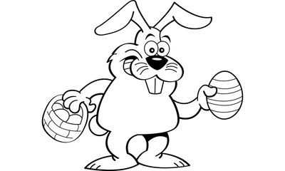 Black and white illustration of the Easter bunny holding an egg and a basket.