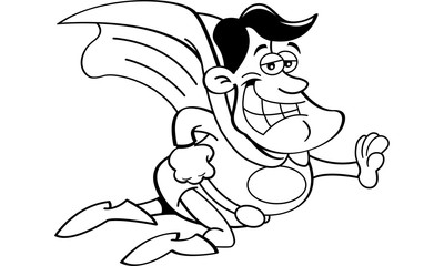 Black and white illustration of a superhero flying.