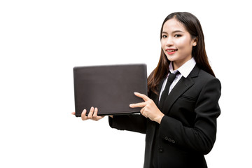 asian business woman holding laptop on white background 