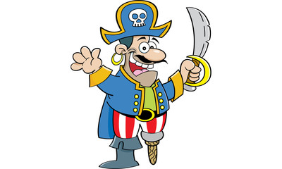 Cartoon illustration of a pirate holding a sword and waving.