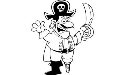 Black and white illustration of a pirate holding a sword and waving.