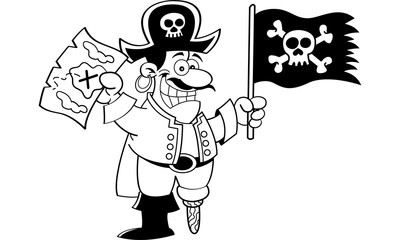 Black and white illustration of a pirate holding a flag and map.
