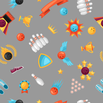 Seamless pattern with bowling items. Background made without clipping mask. Easy to use for backdrop, textile, wrapping paper