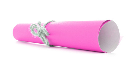 Pink paper roll tied with rope, single natural bow isolated