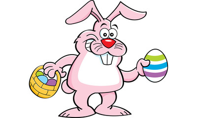Cartoon illustration of the Easter bunny holding an egg and a basket.