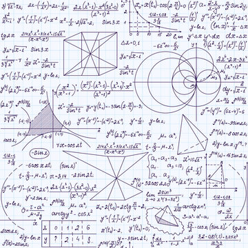 Mathematical vector endless texture with formulas, calculations, plots, "handwritten with blue ink on a grid copybook paper". Mathematical educational seamless pattern