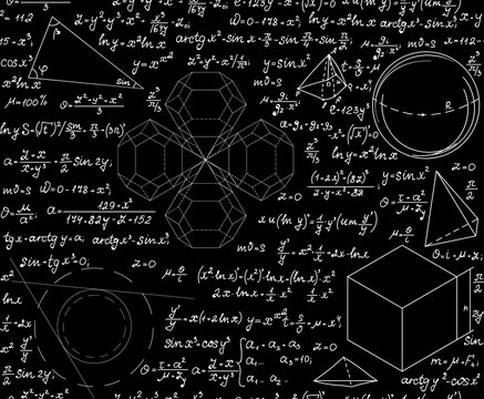 Mathematical scientific vector seamless pattern with geometrical figures, equations and formulas. Endless science texture. You can use any color of background