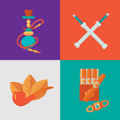 Smoke vector icon compositions: smoke illustration. Smoke tobacco, smoking pipe, hookah. Isolated flat set of addiction, bad habits