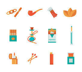 Smoke vector icon set: smoke illustration. Smoke tobacco, smoking pipe, hookah. Isolated flat set of addiction, bad habits