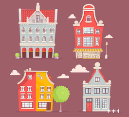Obraz na płótnie Canvas Vector set of illustration of city buildings on brown background