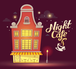 Vector illustration of night cafe with street lamp on dark brown