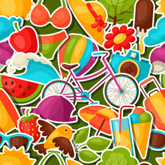 Seamless pattern with summer stickers. Background made without clipping mask. Easy to use for backdrop, textile, wrapping paper