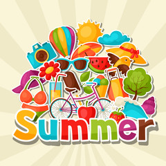 Obraz na płótnie Canvas Background with summer stickers. Design for cards, covers, brochures and advertising booklets