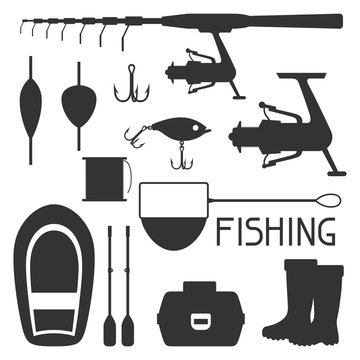 Set of fishing supplies. Objects for decoration, design on advertising booklets, banners, flayers