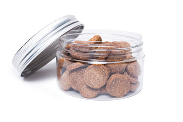 Transparent jar of cat or dog food