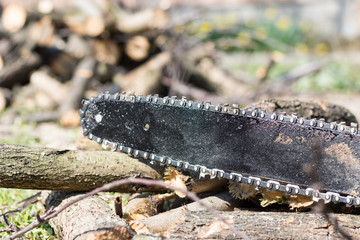 Chainsaw over fresh cutted firewood
