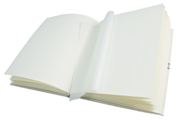 Opened book with blank pages on a white background