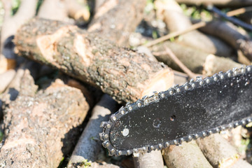 Chainsaw sword over firewood