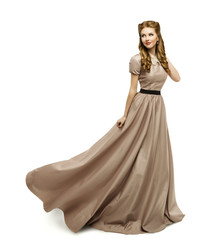 Woman Brown Dress, Fashion Model in Long Gown Turning on White