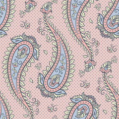 Seamless pattern paisley ornamental background design for fabric in soft pastel colors Vector illustration