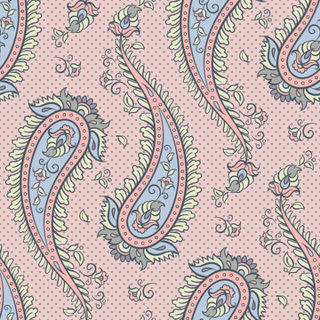 Seamless pattern paisley ornamental background design for fabric in soft pastel colors Vector illustration