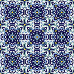 Blue ornament traditional Portuguese azulejos. Oriental seamless pattern