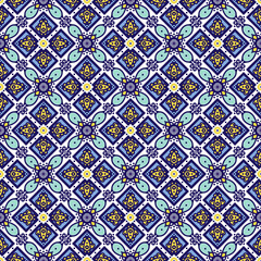 Blue ornament traditional Portuguese azulejos. Oriental seamless pattern