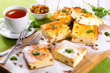 Baked Sweet Cottage Cheese casserole with raisins decorated mint