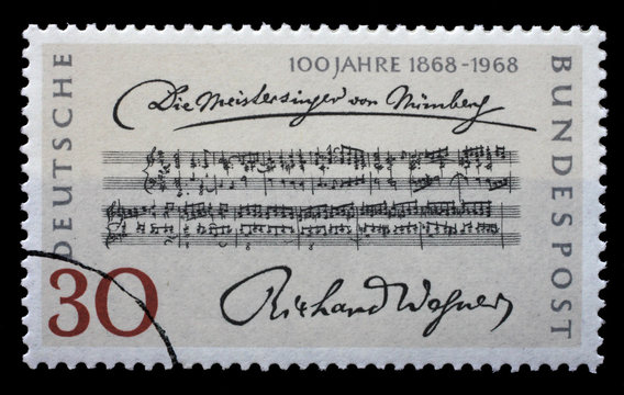 Stamp printed in the Germany shows Opening Bars, Die Meistersinger von Nurnberg, by Richard Wagner, Centenary of the 1st Performance, circa 1968
