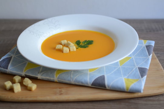 Pumpkin cream-soup with croutons