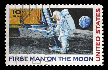 Stamp printed in USA shows Astronaut Neil Armstrong on the Moon, circa 1969