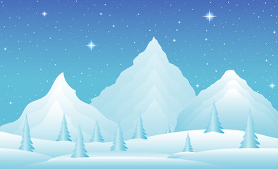 Vector winter landscape with icy mountains, snowy hills and trees. Night scene