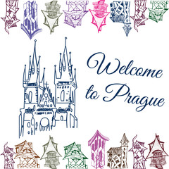 hand drawn Doodle home, welcome to Prague, background design for flyers, banners