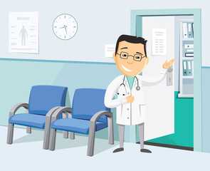 The best medical health care. Funny doctors private practice. Health Center. Vaccination. Waiting room at the doctor. Simple cartoon vector illustration.