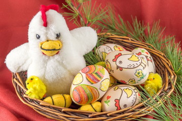 Decoupage decorated Easter eggs and chickens family